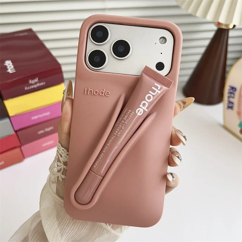 With Lipstick Phone Case for iPhone 17 13 14 15 16 17 Pro Max Plus 12 17 Air Silicone Lip Gloss Holder Hot INS Soft Cover Funda