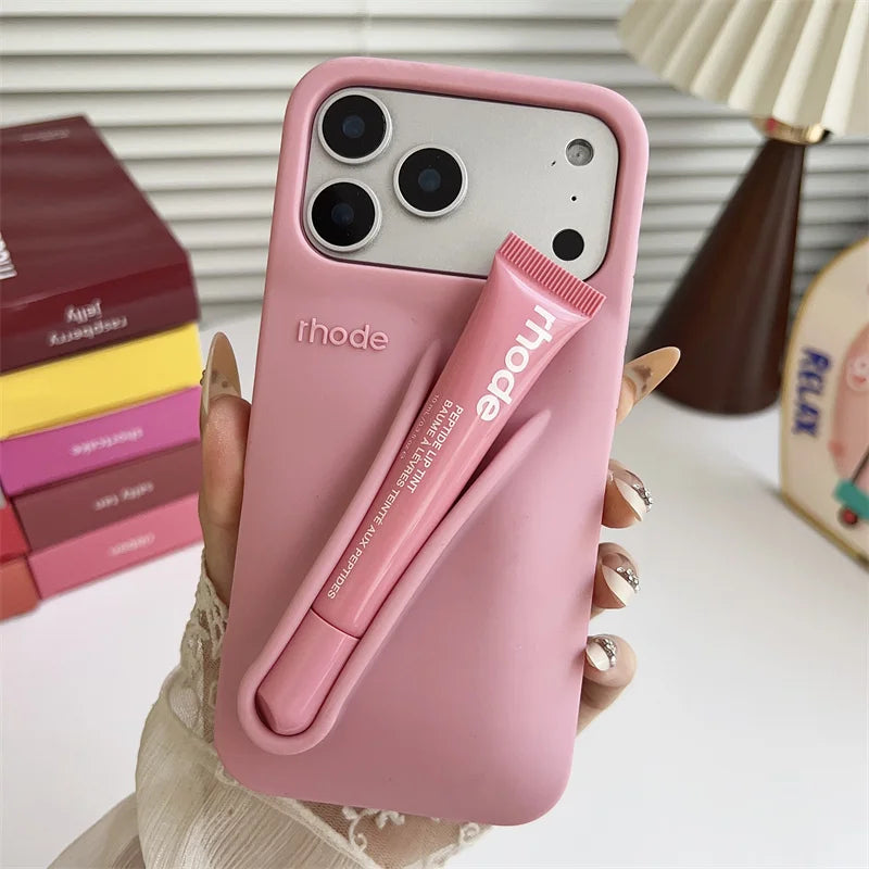 With Lipstick Phone Case for iPhone 17 13 14 15 16 17 Pro Max Plus 12 17 Air Silicone Lip Gloss Holder Hot INS Soft Cover Funda