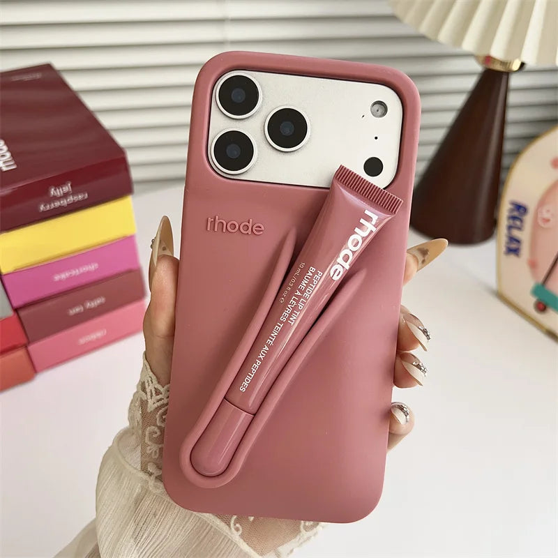 With Lipstick Phone Case for iPhone 17 13 14 15 16 17 Pro Max Plus 12 17 Air Silicone Lip Gloss Holder Hot INS Soft Cover Funda