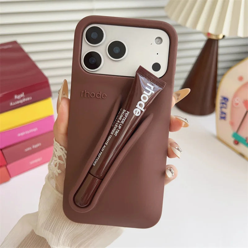 With Lipstick Phone Case for iPhone 17 13 14 15 16 17 Pro Max Plus 12 17 Air Silicone Lip Gloss Holder Hot INS Soft Cover Funda