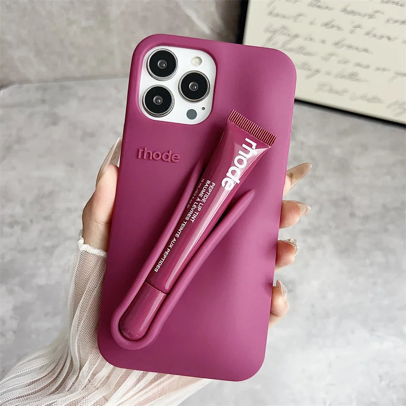 With Lipstick Phone Case for iPhone 17 13 14 15 16 17 Pro Max Plus 12 17 Air Silicone Lip Gloss Holder Hot INS Soft Cover Funda