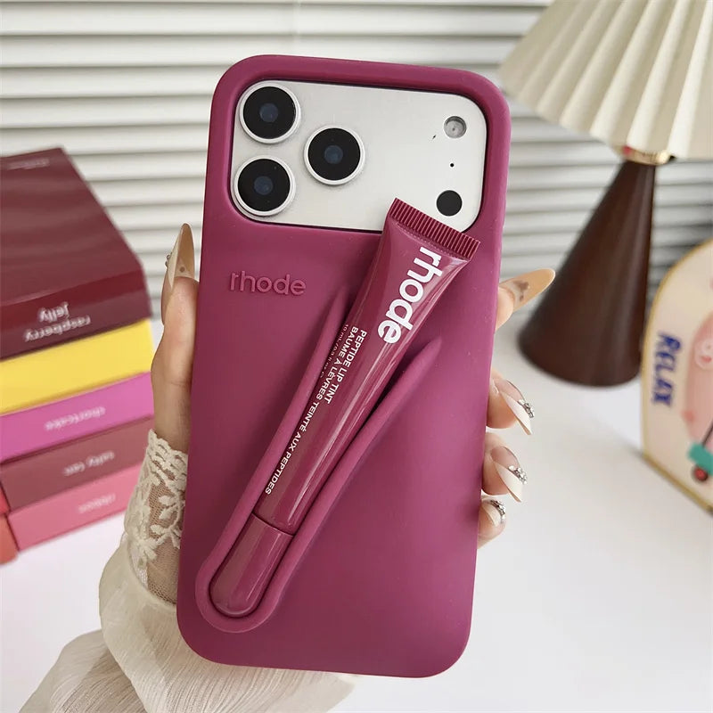 With Lipstick Phone Case for iPhone 17 13 14 15 16 17 Pro Max Plus 12 17 Air Silicone Lip Gloss Holder Hot INS Soft Cover Funda