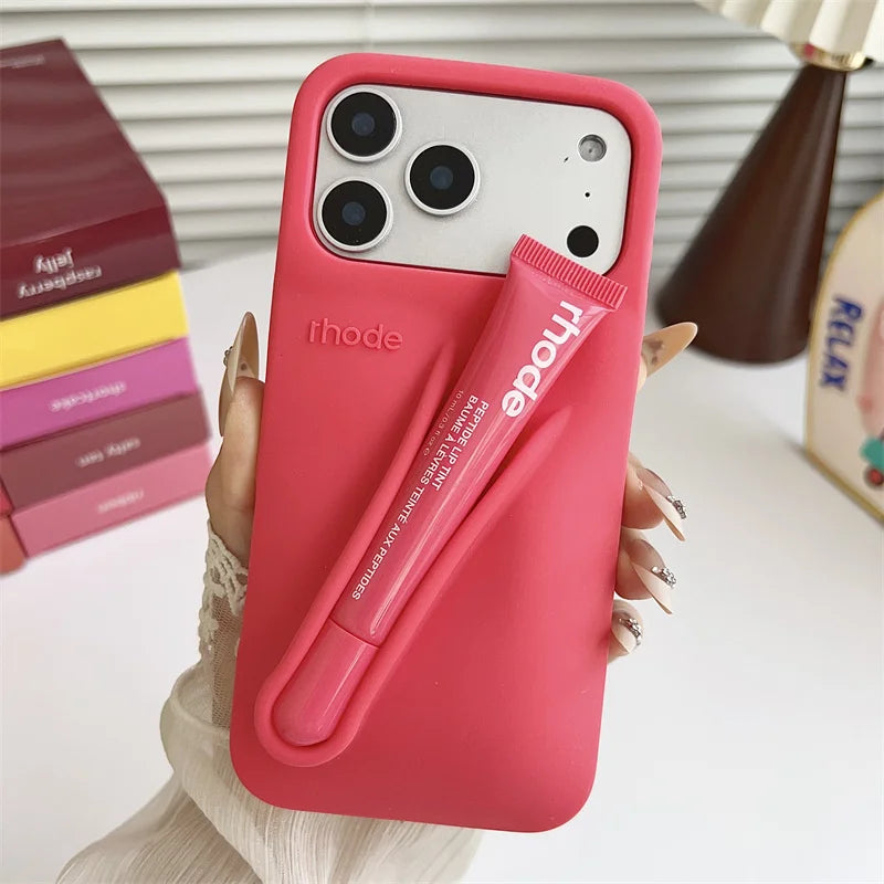 With Lipstick Phone Case for iPhone 17 13 14 15 16 17 Pro Max Plus 12 17 Air Silicone Lip Gloss Holder Hot INS Soft Cover Funda